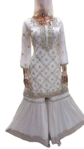 Embroidered Sharara Suit - Silk Sizes S-XXXL White Breathable Anti-Wrinkle Quick Dry Neatly Stitched