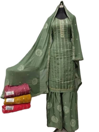 Ladies Sharara Suit - Silky Smooth Fabric, Size S-XXXL, Green | Embroidered, Anti Wrinkle, Breathable, Quick Dry, Lightweight