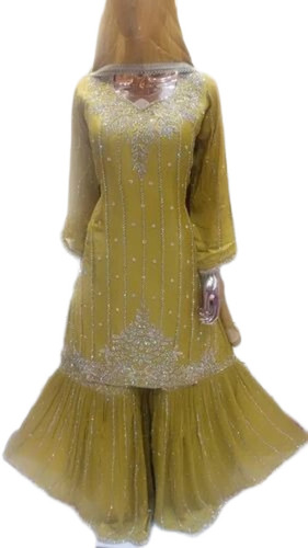 Party Wear Sharara Suit - Georgette Fabric, Yellow, S-XXXL | Embroidered, Breathable, Anti Wrinkle, Quick Dry, Lightweight