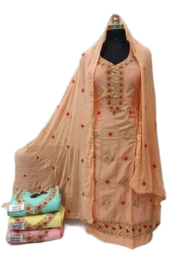 Salwar Suits - Soft Silky Peach, S-XXXL, Embroidered Fancy 3/4th Sleeve, Anti-Wrinkle & Quick Dry