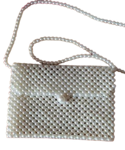 Ladies Pearl Hand Bag - Crystal Material, White Color | Polished Finish, Zipper Closure, Handle Style, Party Wear
