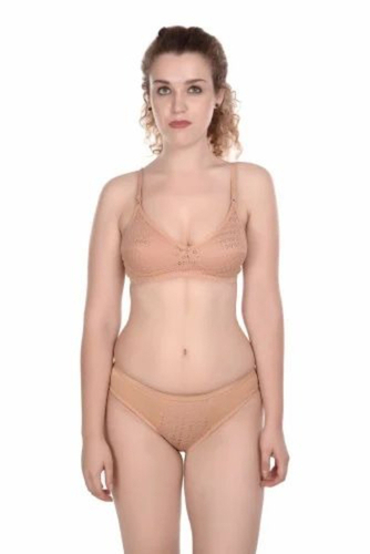 Lingerie - Polyester Mid Waist Bikini Set, Beige, Non-Padded Bra Back Hook & Eye Closure, Fine Straps, Breathable