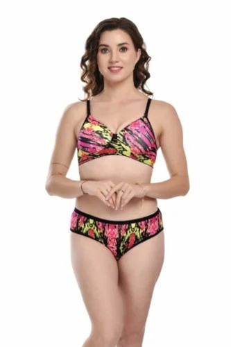Printed Lingerie - Lycra, Sizes 28-42, Multicolor | Non-Padded, Breathable, Fade Resistant Bra & Bikini Set