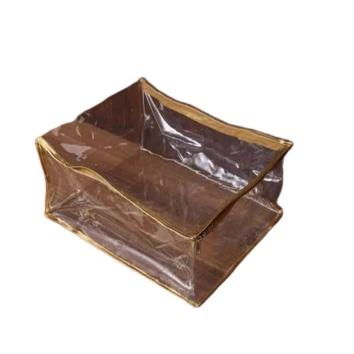 Heavy Plastic Saree Cover - Satin 5.5x14.5x17 Inch, Golden Transparent | Moisture Proof, Zipper Closure, Glossy Finish