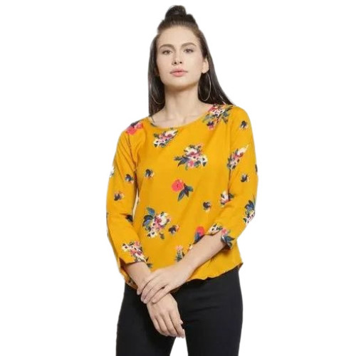 Ladies Printed Tops - Crepe Fabric, Yellow, S-XXXL, Crew Neck 3/4 Sleeve, Quick Dry Lightweight, Neatly Stitched