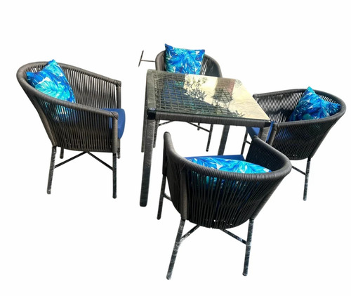 Black 4 Seater Braided Rope Dining Table Set - Standard Size, Black | Comfortable, Durable, Long Lasting