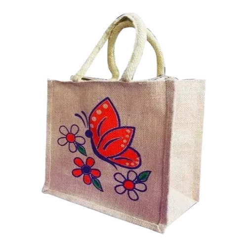 Printed Handle Jute Bag - Jute, 10x12 Inch, Brown, Loop Handle, Zipper Top | Fancy, Eco Friendly, Handmade, Simple Elegant Design