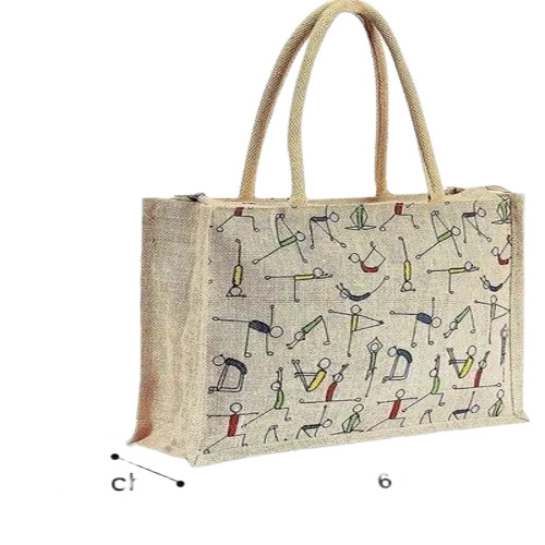 Shopping Printed Jute Bag - Jute, 10x12 Inch, Beige, Zipper Top Loop Handle | Fancy, Eco Friendly, Handmade, Printed Patterns