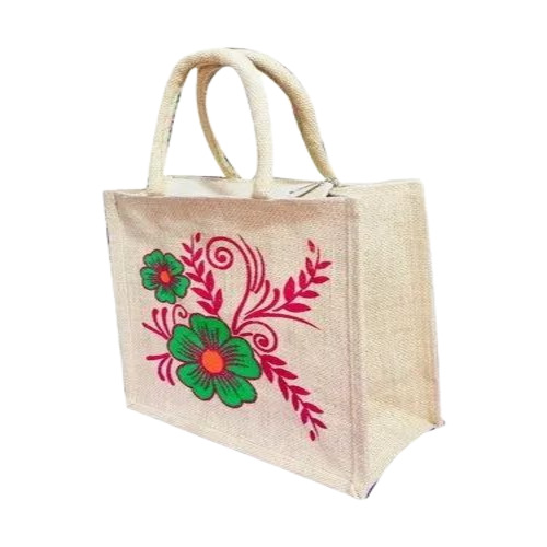 Zipper Printed Jute Bags - 10x12 Inch Beige and Blue, Eco Friendly Fancy Pattern, Loop Handle