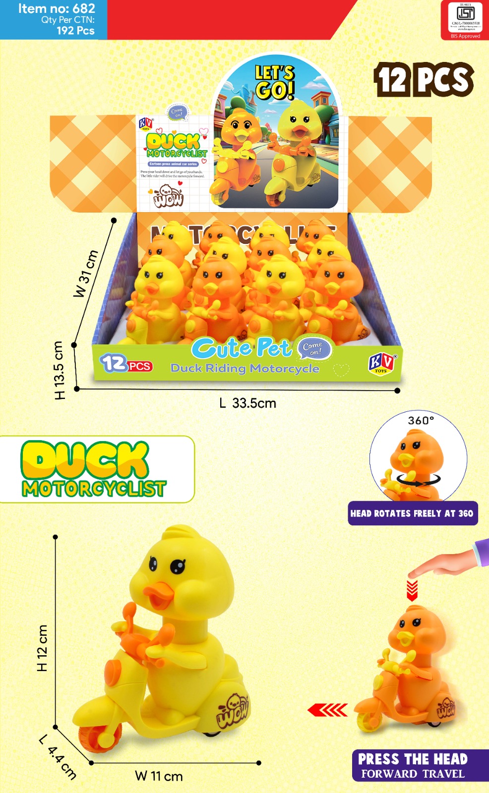 12 Pcs Friction Press And Go Duck Motorcycle 682