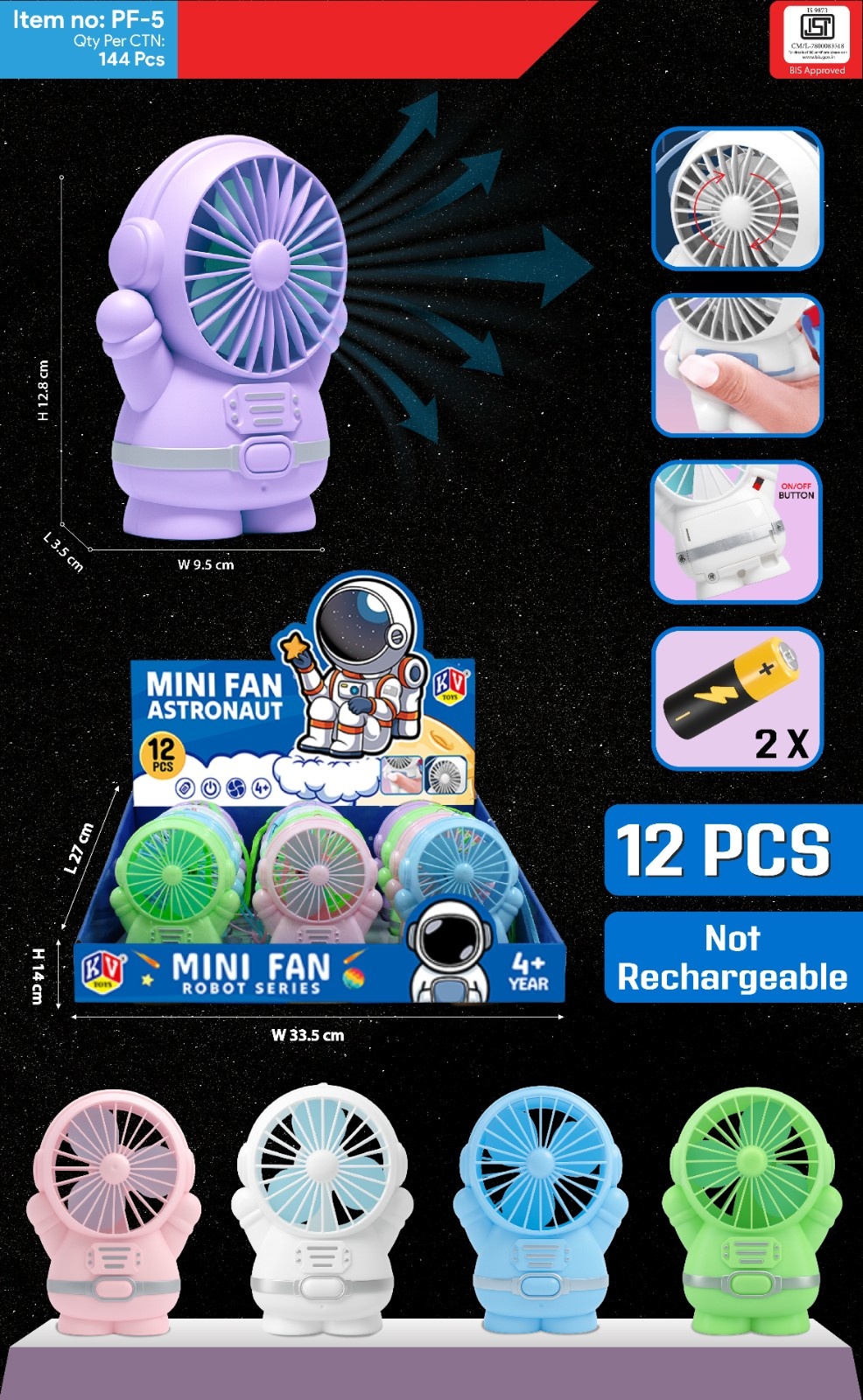 Astronaut Mini Fan Pf-5 - Plastic Mini Size, 4 Colors | Battery Operated, USB Powered, Quiet, Child Friendly