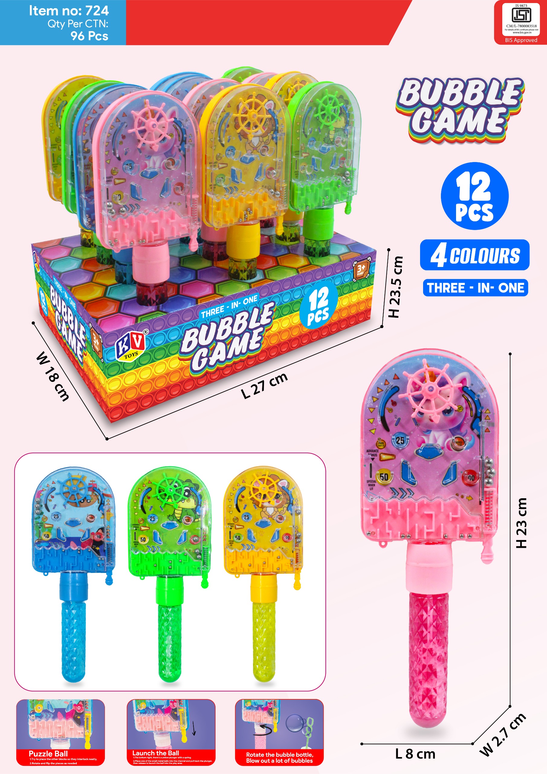 Pin Ball Bubble 724 - Plastic Standard Size, Multi Color | Bubble Shooter, Pin Ball, Lightweight, Durable, Child Friendly