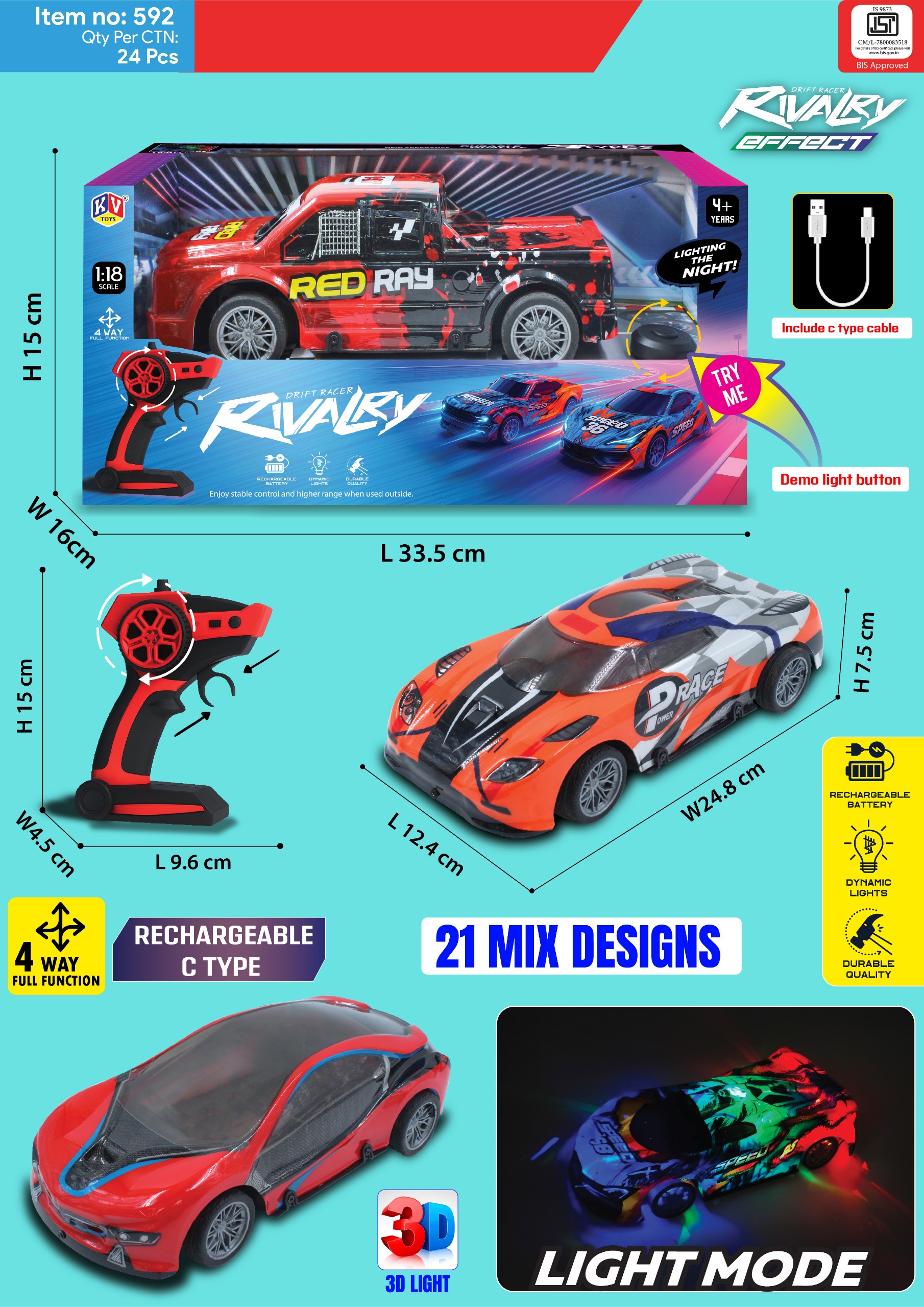 Rivalry Rechargeable Remote Controlled Car 592 - ABS Plastic Standard Size Multi Color | Battery Powered High Speed Lightweight Durable