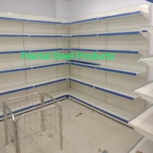 Super Market Racks - Mild Steel, White and Blue, Adjustable Shelves | Powder-Coated Finish, Modular Design, Space-Saving Layout