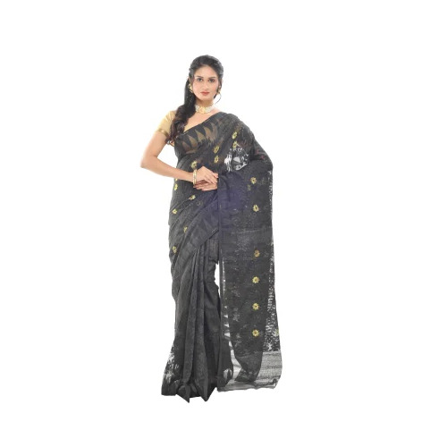 Black Soft Cotton Jamdani Saree - Optimum Grade, Without Blouse Piece | Festive Bangali Style, Summer Winter