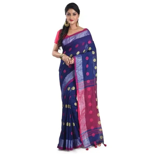 Blue Handloom Pure Cotton Jamdani Saree - 6.3m Length, No Fade | Casual Summer Wear, Women