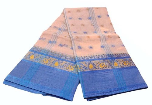 Casual Wear Handloom Cotton Saree - 6m Length, Peach and Blue | Women, Printed, Bengali Style, Summer