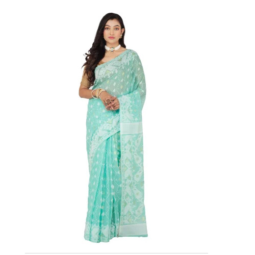 Cotton Jamdani Saree - 5.5m Length, Green | Festive Bengali Style, Summer Wear