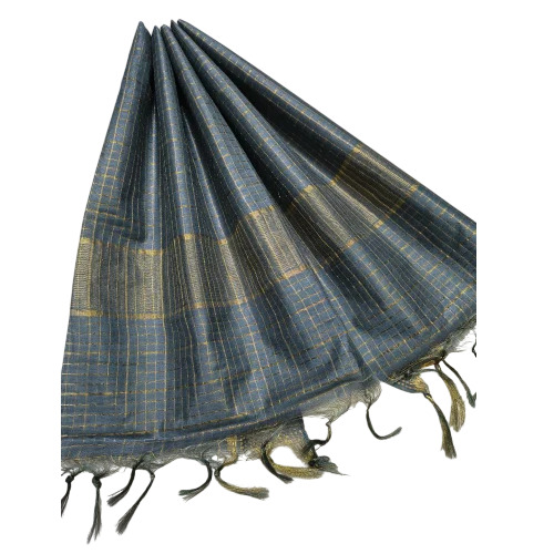 Gray Gicha Silk Saree - Ghicha Silk Fabric Gray Color Checked Pattern Handloom Weave | Soft Finish With Blouse Piece Casual & Festive