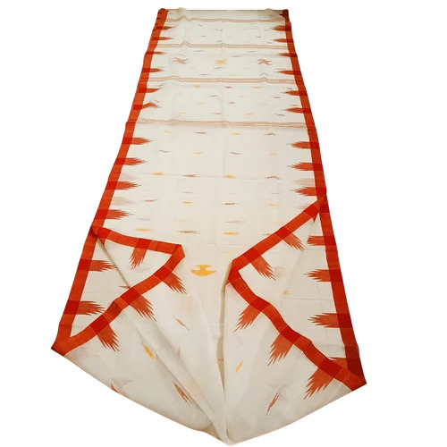 Hand Weaving Pure Cotton Monipuri Saree - 6.3 m, Cream & Orange, Hand Butta | Women, Traditional, Dry Clean, Bengali Style