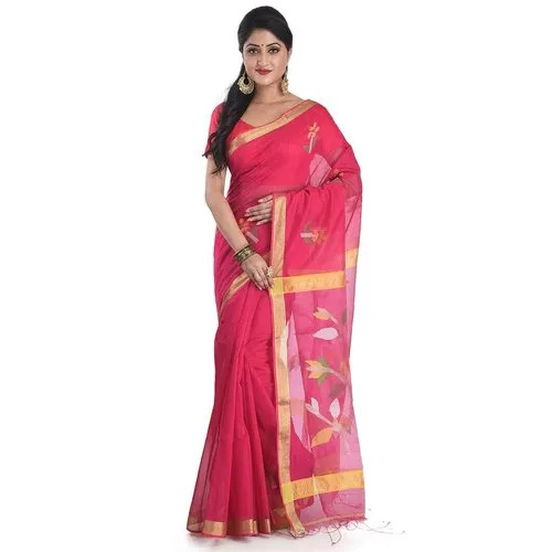 Handloom Muslin Dhakai Jamdani Saree - Cotton, 6.3 m, Pink | Women, Festive, Summer Winter