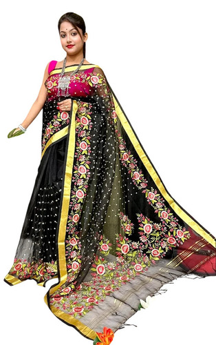 Ladies Black Silk Embroidered Saree - Silk, 6 M Length, Black, Embroidery Work, Bengali Style