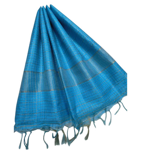 Ladies Gicha Silk Saree - Ghicha Silk, Blue, Checked Pattern | Handloom, Soft Finish, With Blouse Piece
