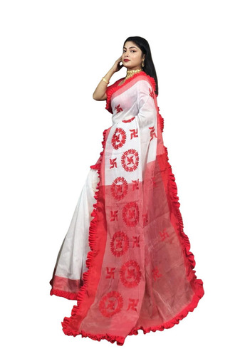 Ladies Ice White Cotton Handloom Saree