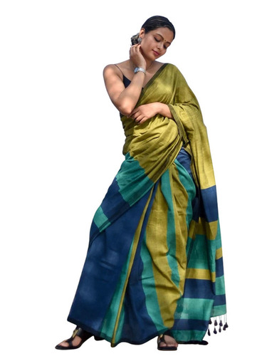 Ladies Leaf Green Pure Cotton Handloom Saree - 6.3 m with Blouse Piece, Striped Pattern, Festive Wear