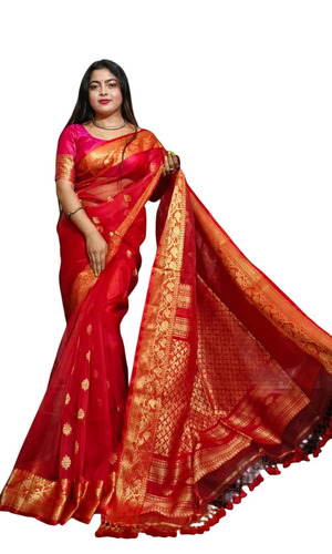 Ladies Red Cotton Zari Border Saree