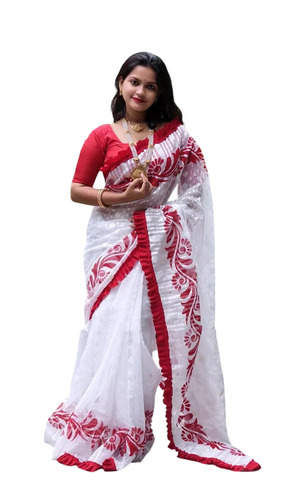 Ladies Salt White Pure Cotton Batik Saree - Cotton, 5.5m, Salt White | Printed, Comfortable, Hand Wash, Festive, Bengali Style