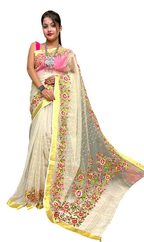 Ladies White Embroidered Silk Sarees