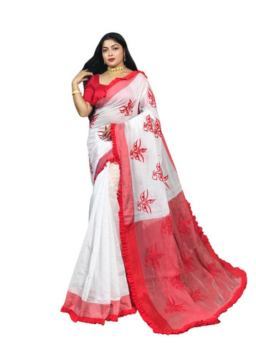 Ladies White Pure Cotton Handloom Saree - Gender: Women