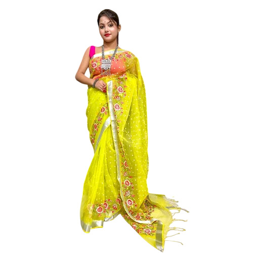 Ladies Yellow Embroidered Silk Sarees