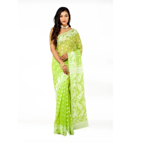 Light Green Cotton Jamdani Saree - 5.5 m Length, Without Blouse Piece, Festive Bengali Style