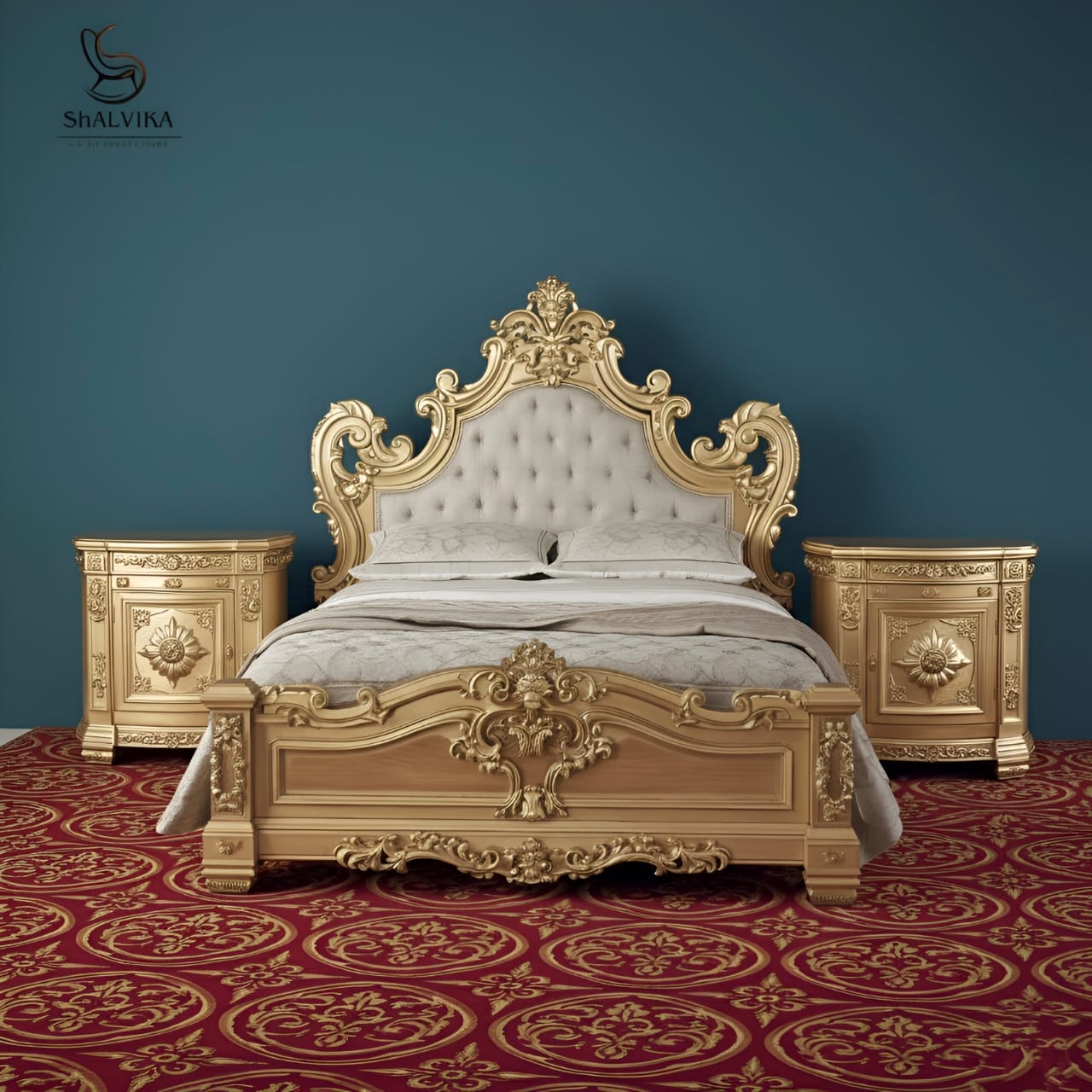 Luxury Royal Wooden Bed with side table