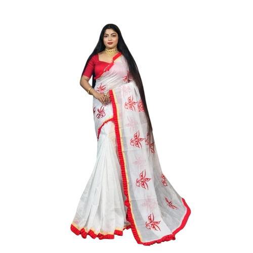 White Pure Cotton Handloom Saree - Cotton, 5.5 m, White | Comfortable, Printed, Bengali Style, Festive, Summer