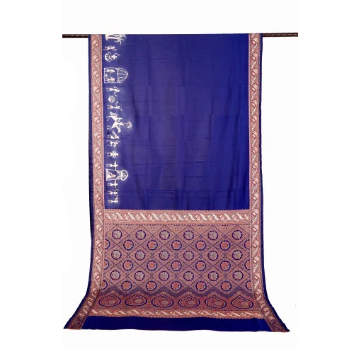 Blue Silk Fabric Saree - Silk, 6.3 Meters, Blue With Silk Blouse Piece, Hand Embroidered Bengali Style