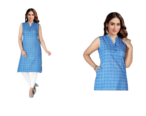 Cotton Sleeveless Kurti - Cotton, Customized Sizes, Blue, Printed | Breathable, Anti-uv, Quick Dry, Comfortable Fit