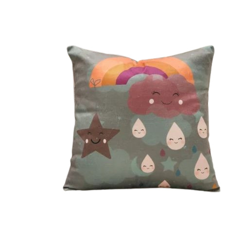 Grey Cloudy Smiles Printed Cotton Cushion Cover - 18 x 18 Inches, Grey Base, Hand Wash Care