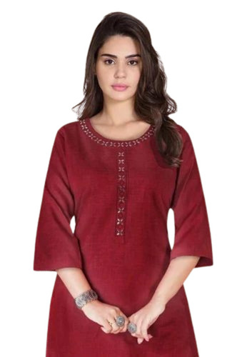 Ladies Cotton Embroidered Kurti - 3/4 Sleeve, Regular Fit | Breathable, Anti Wrinkle, Quick Dry, Comfortable Fit