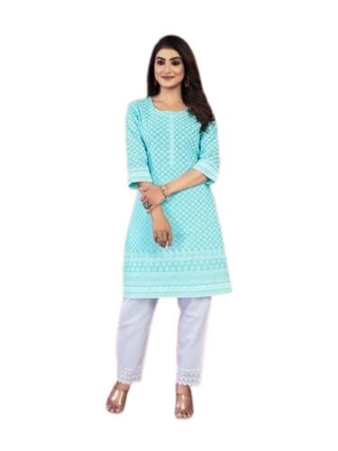 Ladies Cotton Embroidered Kurti Pant Set - Regular Fit, 3/4 Sleeve, Blue & White | Breathable, Anti UV, Quick Dry, Comfortable Fit