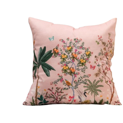 Light Pink Blossoming Tranquility Printed Cotton Cushion Cover - 18x18 Inches, Hand Washable, Customizable