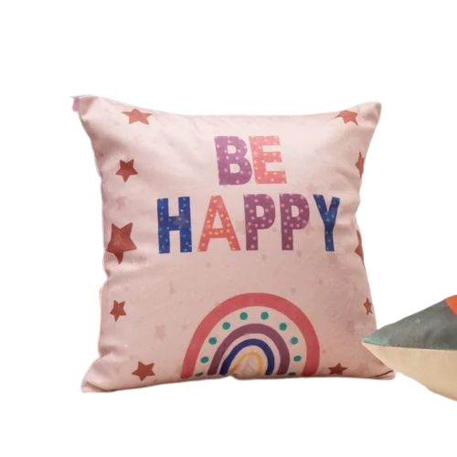 Square Light Pink Be Happy Kids Printed Cotton Cushion Cover