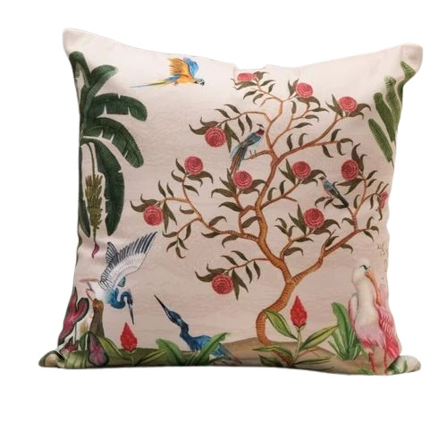 White Garden Symphony Printed Cotton Cushion Cover