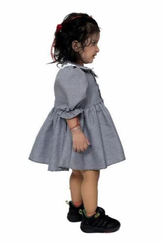 Kids Cotton Grey Frock - Age 5 to 6 Years, Short Sleeves, Checks Pattern | Breathable, Anti UV, Quick Dry, Comfortable Fit