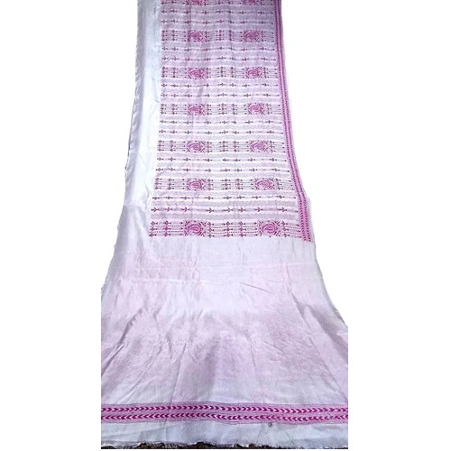 White Katha Stitch Blended Bangalore Silk Saree