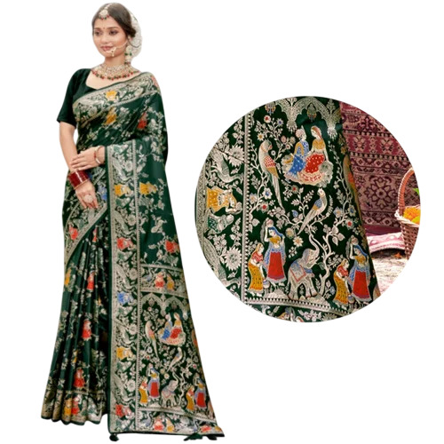 A Satin Green Focus Saree - Satin, 6 Meter, Embroidered Border, Unstitched Blouse | Floral Print, Party Wear, Winter, Weaving