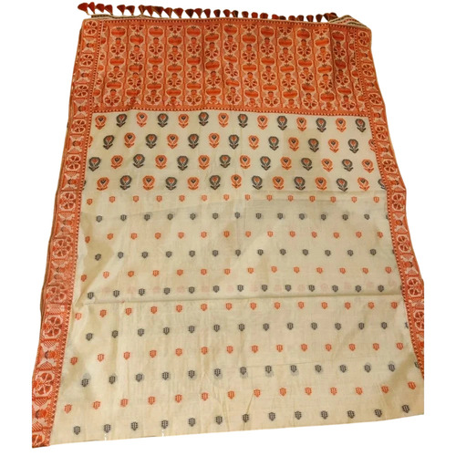 Beige Assam Khadi Cotton Saree - 6.5 Meter, Hand Woven Border, With Blouse | Festive Summer Women Handloom Cotton