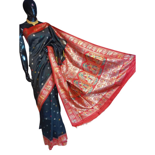 Black Soft Silk Saree - 6.5 Meter With Stitched Blouse, Black Color, Zari Border, Bengali Style, Festive Winter